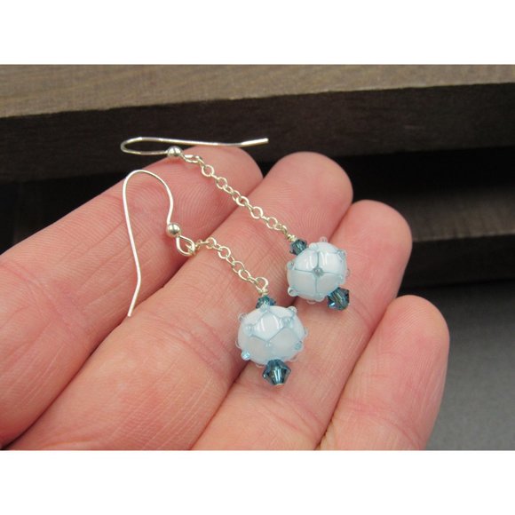 Sterling Silver Long Light Blue Glass Ball Dangle Earrings - Picture 2 of 5